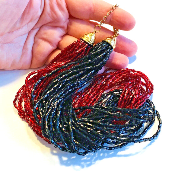 Y2K Beaded Multistrand Choker Necklace Knotted Black & Red Dramatic Statement - Picture 5 of 8